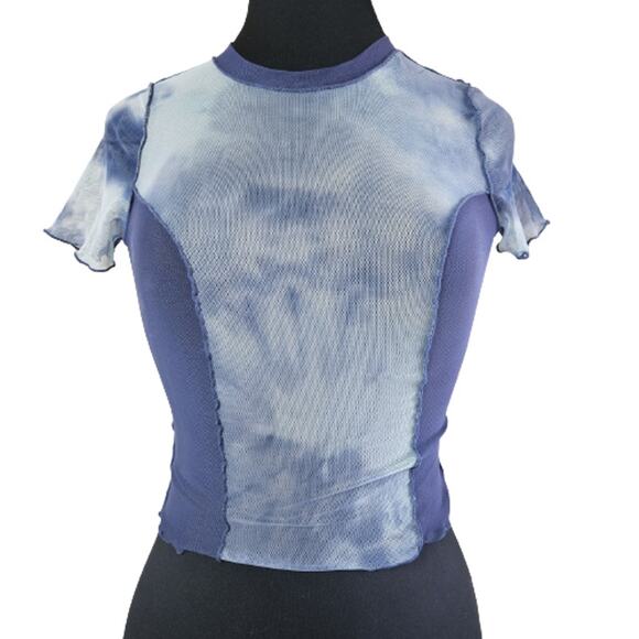 Blue Tie Dye Sheer Short Sleeve Crop Top Size Medium - Picture 1 of 5